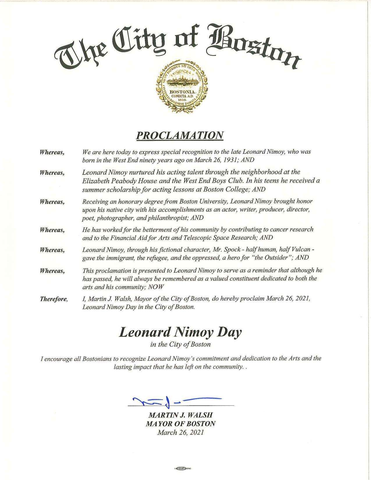 Leonard Nimoy Day Proclamation